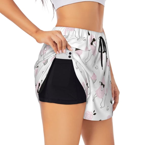 Picia Cute Poodle Dog Pattern Women's 2 in 1 Athletic Running Shorts High Waisted Workout Casual Gym Sweat Shorts with Comfy Liner Zipper Pockets-Large