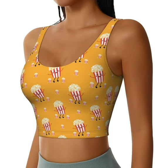 Picia Cute Popcorn Sports Bra for Women,Padded Strappy Sports Bras Medium Support Yoga Bra with Removable Cups,Running Yoga Bra-Small