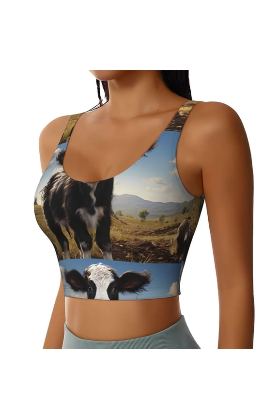 Cute Prairie Cow Sports Bra for Women,Padded Strappy Sports Bras Medium Support Yoga Bra with Removable Cups,Running Yoga Bra-Medium