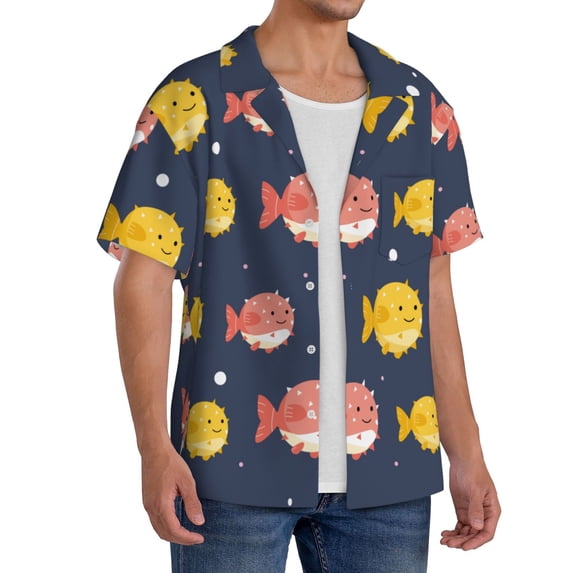 Picia Cute Puffer Fish Men's Linen Shirts Short Sleeve Cuban Beach Shirts Casual Shirts Button Down Shirt for Men Beach Summer Wedding Shirt-Small