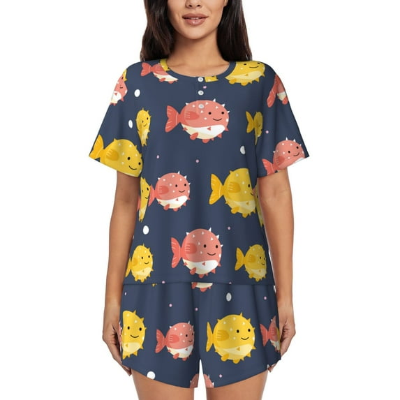 Picia Cute Puffer Fish Pajamas Sets for Women Soft Short-Sleeved Pjs with Lounge Shorts Two Piece Sleepwear-XX-Large