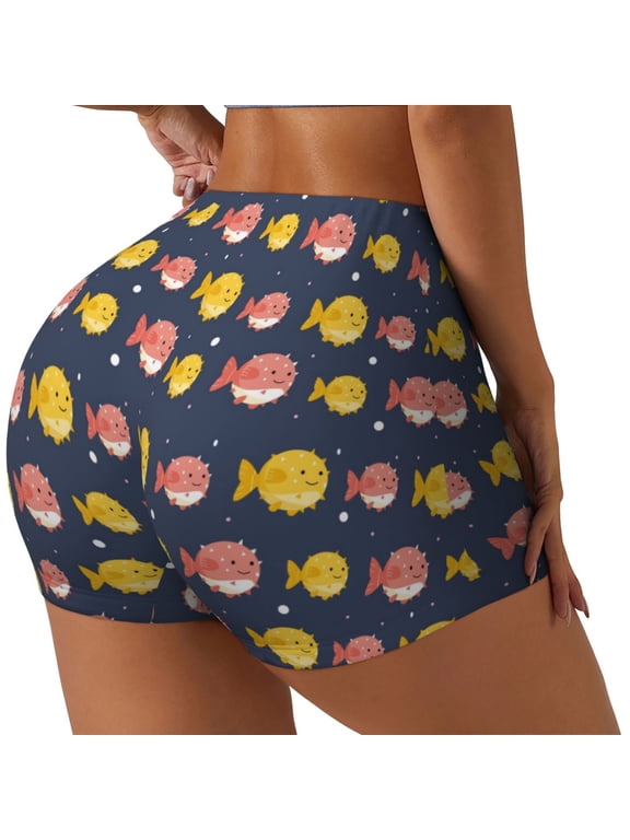 Cute Puffer Fish Printed Workout Shorts for Women Seamless Scrunch Butt Lifting High Waisted Yoga Gym Booty Running Moisture-wicking Short Pants-Large