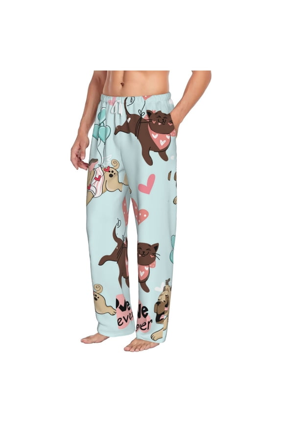 Cute Pug Dogs Mens Soft Woven Cotton Elastic Waistband Sleep Pajama Pant Lounge Sleep Pant With Pockets And Drawstring-Small