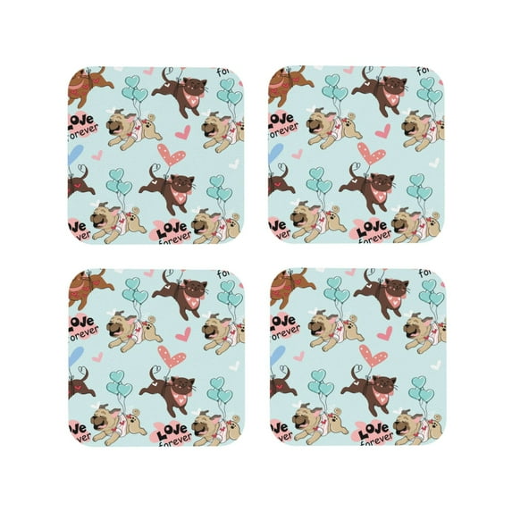 Picia Cute Pug Dogs Printed Leather Coasters for Drinks, 4" Drink Coasters Set of 4 for Tabletop Protection, Handmade Luxurious Home Décor and Housewarming Gift -Square