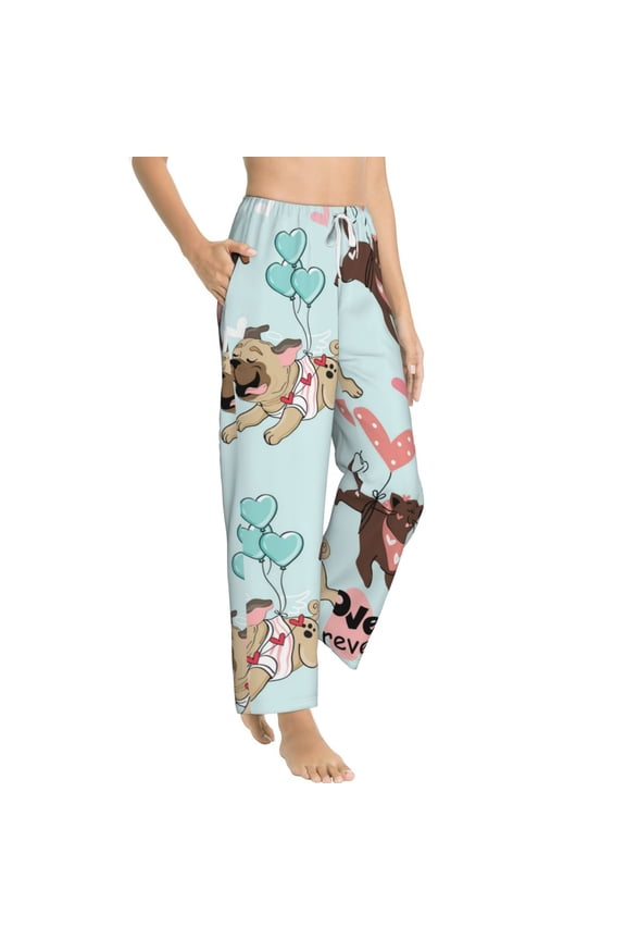 Cute Pug Dogs Womens Soft Woven Cotton Elastic Waistband Sleep Pajama Pant Lounge Sleep Pant With Pockets And Drawstring-Small