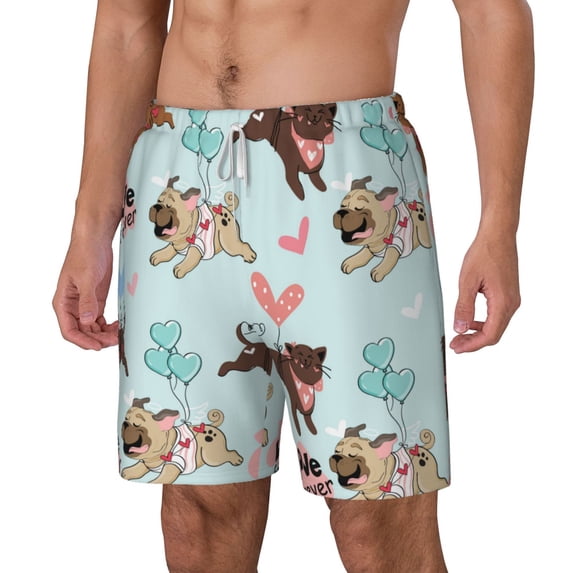 Picia Cute Pug Dogs pattern Mens Swim Trunks with Compression Liner Stretch Beach Shorts Quick Dry with Zipper Pockets No-Chafing Board Shorts-Small