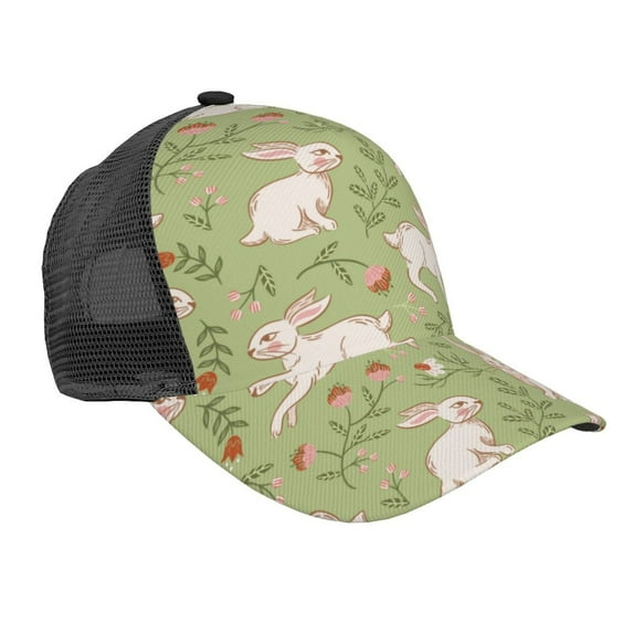 Picia Cute Rabbit And Flower Pattern Trucker Hat,Baseball Cap,Sun Protection Cap,Stylish Headwear,Leisure Cap,Outdoor Sports Cap