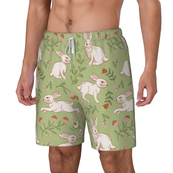 Picia Cute Rabbit And Flower pattern Mens Swim Trunks with Compression Liner Stretch Beach Shorts Quick Dry with Zipper Pockets No-Chafing Board Shorts-Small