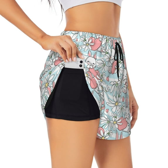 Picia Cute Rabbit And Heart Pattern Women's 2 in 1 Athletic Running Shorts High Waisted Workout Casual Gym Sweat Shorts with Comfy Liner Zipper Pockets-Medium