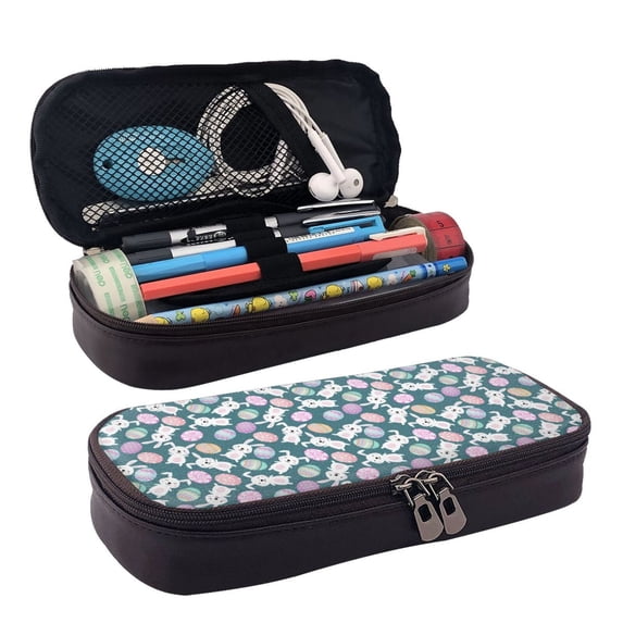 Picia Cute Rabbit Easter Pattern Large Capacity PU Leather Pencil Case Organizer Pen Marker Holder Double Zipper Storage Bag Big Pencil Pouch for College Office