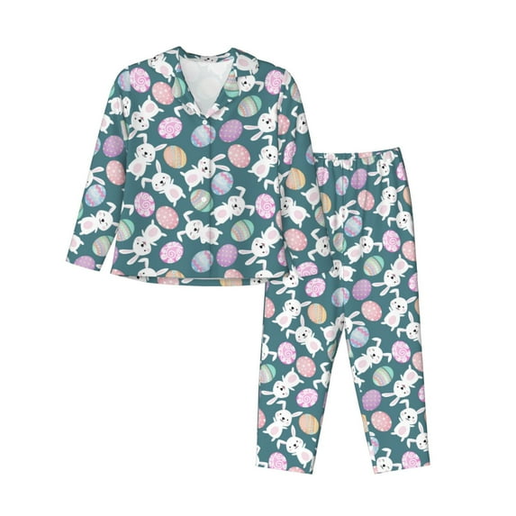 Picia Cute Rabbit Easter Pattern Women’s Long-Sleeve Sleepwear Set - Soft 2-Piece Loungewear with Pockets, Comfy PJs for Relaxing Nights-X-Large