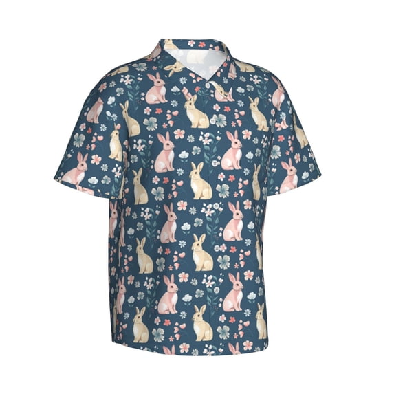 Picia Cute Rabbit Floral Gentle Cotton Regular Fit Short Sleeve Casual Hawaiian Shirt for Men-3X-Large