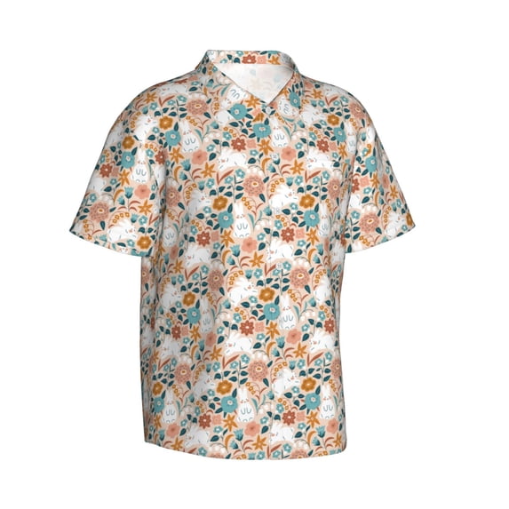 Picia Cute Rabbit Floral Gentle Cotton Regular Fit Short Sleeve Casual Hawaiian Shirt for Men-Small