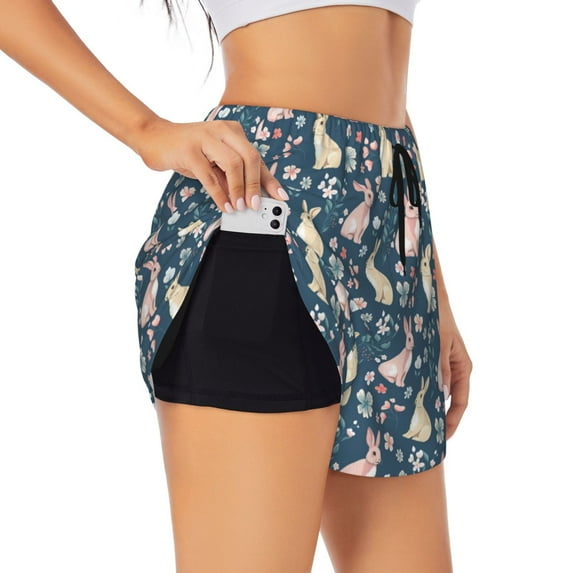 Picia Cute Rabbit Floral Pattern Women's 2 in 1 Athletic Running Shorts High Waisted Workout Casual Gym Sweat Shorts with Comfy Liner Zipper Pockets-XX-Large