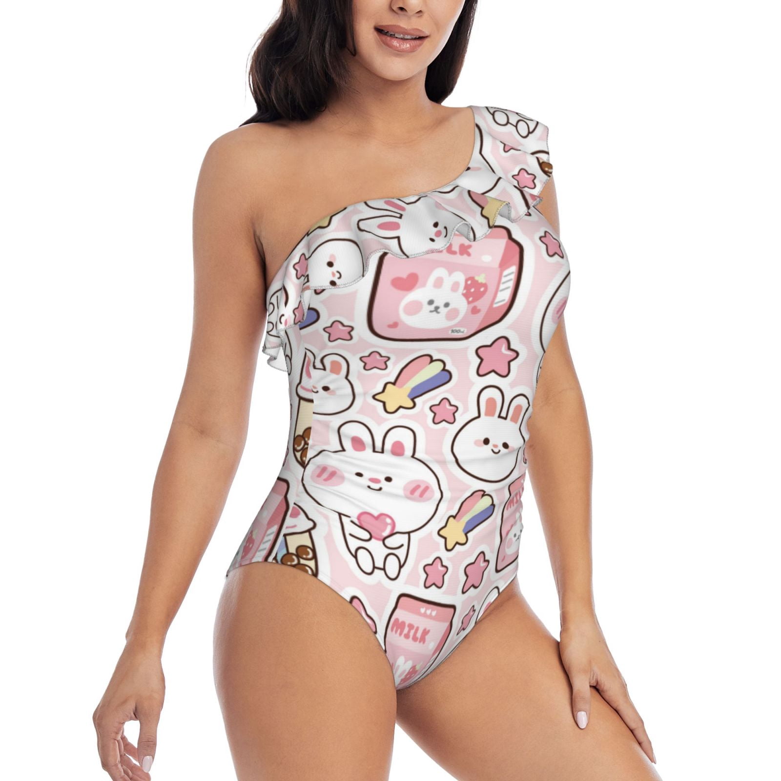 Picia Cute Rabbit Pattern Women's One Piece Swimsuits,One Shoulder ...