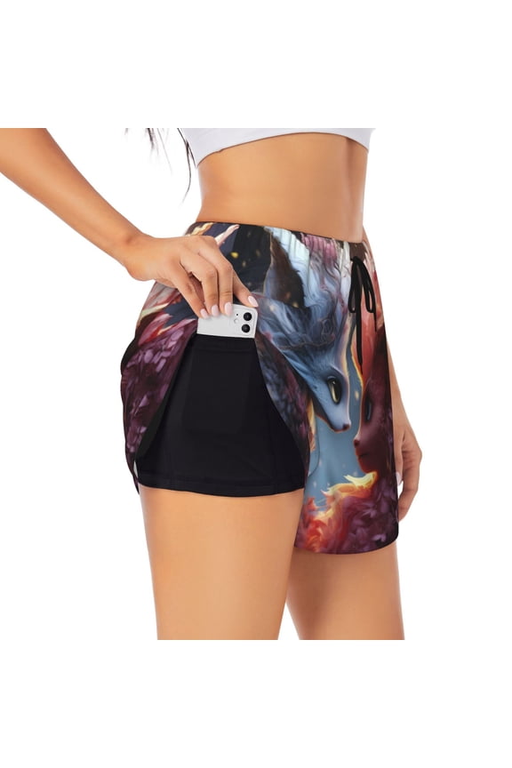 Cute Red And White Elf Pattern Women's 2 in 1 Athletic Running Shorts High Waisted Workout Casual Gym Sweat Shorts with Comfy Liner Zipper Pockets-Medium