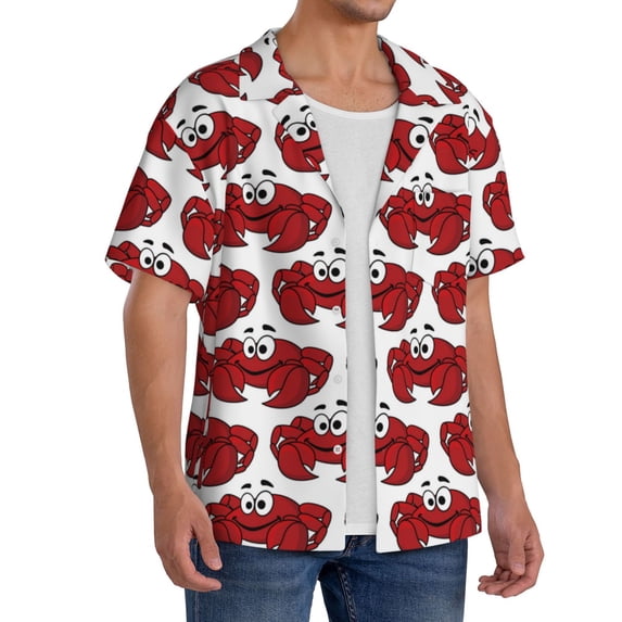 Picia Cute Red Crab Men's Linen Shirts Short Sleeve Cuban Beach Shirts Casual Shirts Button Down Shirt for Men Beach Summer Wedding Shirt-Medium