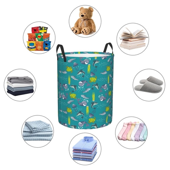 Picia Cute Shark Turtle Large Laundry Basket, Waterproof, Freestanding Laundry Hamper, Collapsible Tall Clothes Hamper with Extended Handles-Medium