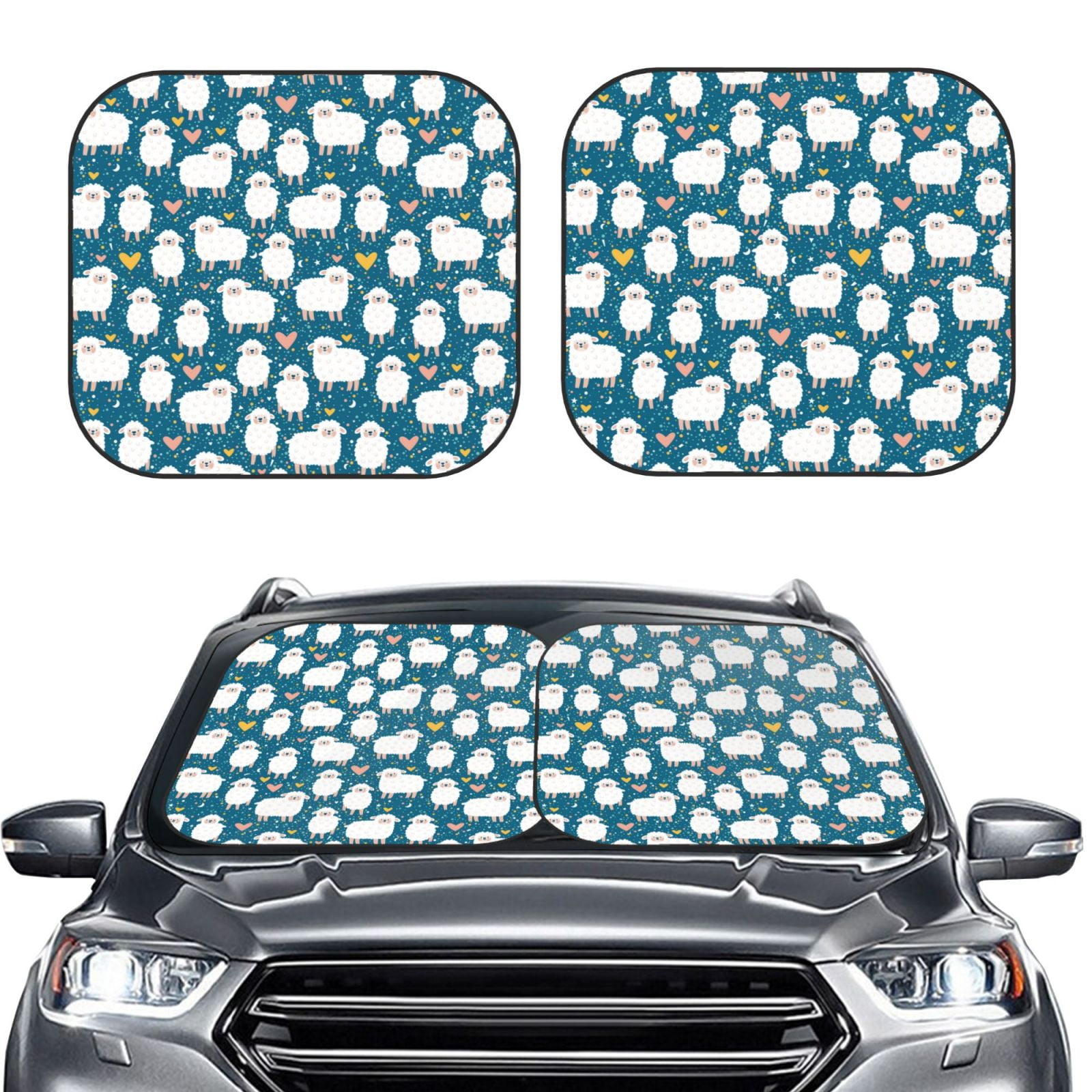 Picia Cute Sheep And Hearts 2 Piece Car Windshield Sun Shade Foldable
