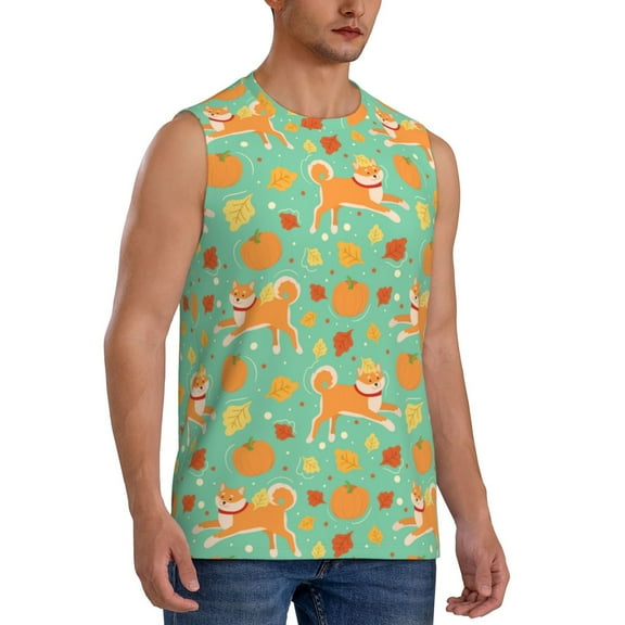 Picia Cute Shiba And Pumpkins mens Cotton Tank Undershirts , Moisture-wicking Ribbed Tanks, Lightweight Cotton Tank Undershirts-3X-Large