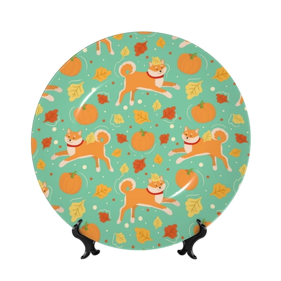 Picia Cute Shiba And Pumpkins Pattern Bone China Decorative Plate – Wall Decor with Stand and Adhesive, Elegant Ornament for Living Room, Office, or Entryway-6in