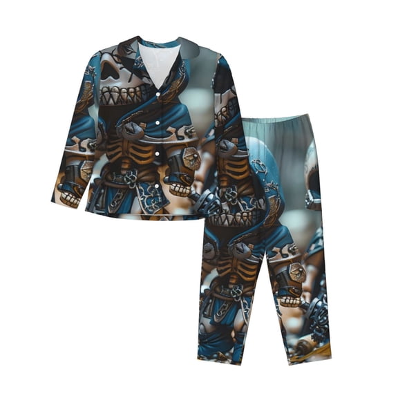 Picia Cute Skeletons Figurines Pattern Women’s Long-Sleeve Sleepwear Set - Soft 2-Piece Loungewear with Pockets, Comfy PJs for Relaxing Nights-Medium