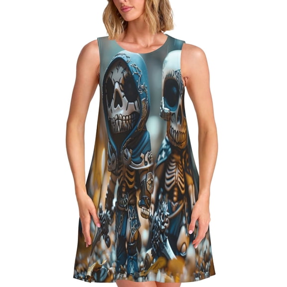 Picia Cute Skeletons Figurines Print Women’s Sleeveless Midi Swing Dress – A-Line Pleated Tank Sundress, Comfortable and Flowy T-Shirt Dress