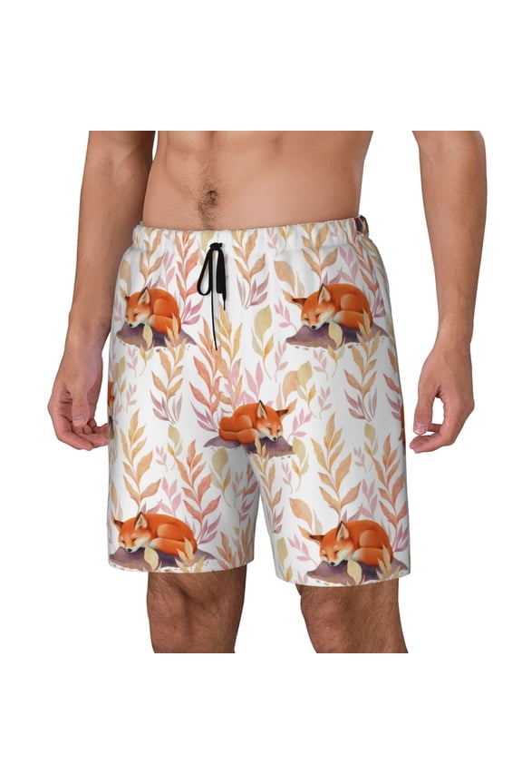 Cute Sleepy Fox pattern Mens Swim Trunks with Compression Liner Stretch Beach Shorts Quick Dry with Zipper Pockets No-Chafing Board Shorts-3X-Large