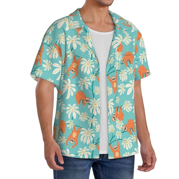 Picia Cute Sloth on Floral Tree Men's Linen Shirts Short Sleeve Cuban Beach Shirts Casual Shirts Button Down Shirt for Men Beach Summer Wedding Shirt-4X-Large