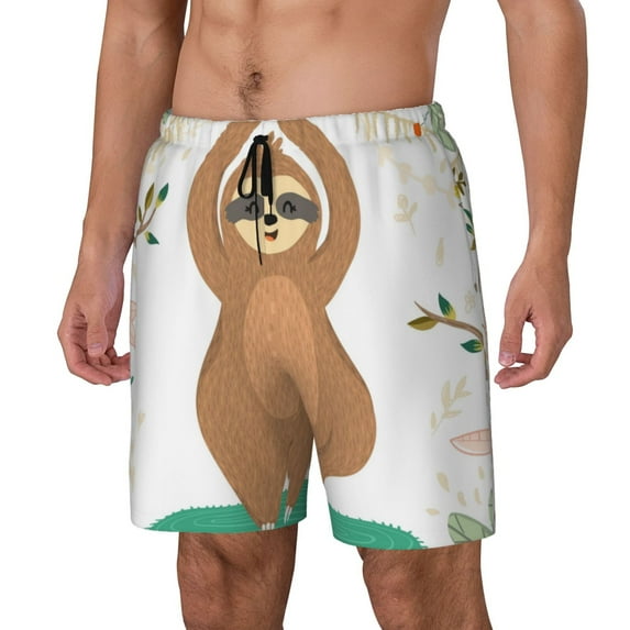 Picia Cute Sloth In Yoga Pose Tree pattern Mens Swim Trunks with Compression Liner Stretch Beach Shorts Quick Dry with Zipper Pockets No-Chafing Board Shorts-Large