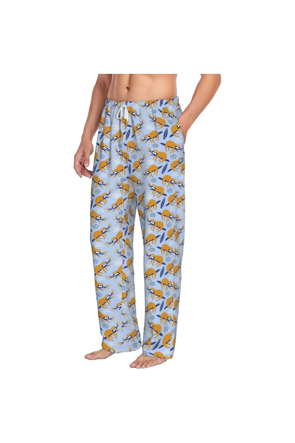 Cute Sloth Mens Soft Woven Cotton Elastic Waistband Sleep Pajama Pant Lounge Sleep Pant With Pockets And Drawstring-Large