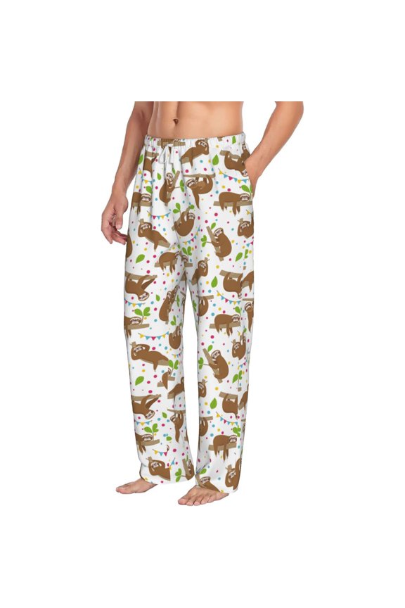 Cute Sloth Mens Soft Woven Cotton Elastic Waistband Sleep Pajama Pant Lounge Sleep Pant With Pockets And Drawstring-Small