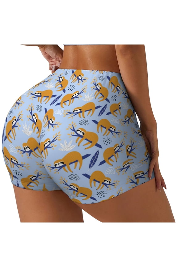 Cute Sloth Printed Workout Shorts for Women Seamless Scrunch Butt Lifting High Waisted Yoga Gym Booty Running Moisture-wicking Short Pants-Large