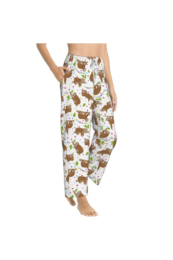 Cute Sloth Womens Soft Woven Cotton Elastic Waistband Sleep Pajama Pant Lounge Sleep Pant With Pockets And Drawstring-Medium