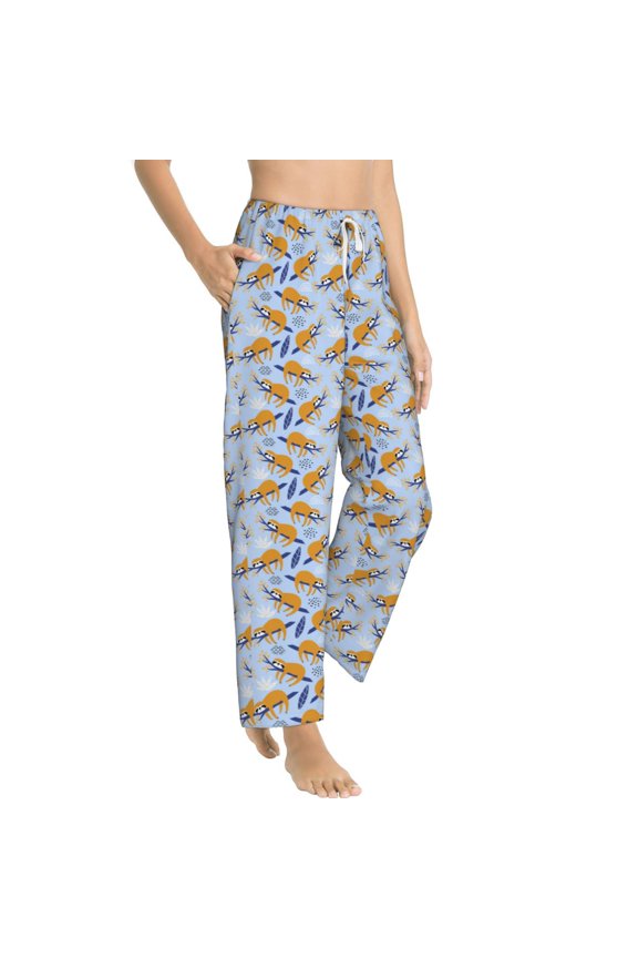 Cute Sloth Womens Soft Woven Cotton Elastic Waistband Sleep Pajama Pant Lounge Sleep Pant With Pockets And Drawstring-Medium