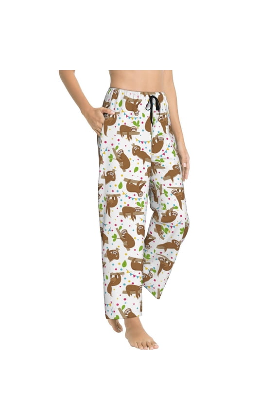 Cute Sloth Womens Soft Woven Cotton Elastic Waistband Sleep Pajama Pant Lounge Sleep Pant With Pockets And Drawstring-Small