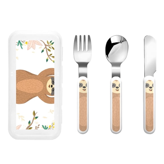 Picia Cute Sloth In Yoga Pose Tree Print Children's Knife, Fork And Spoon Set - Kids Knife Fork Spoon - Stainless Steel Kids Silverware Set - Metal Kids Cutlery Set