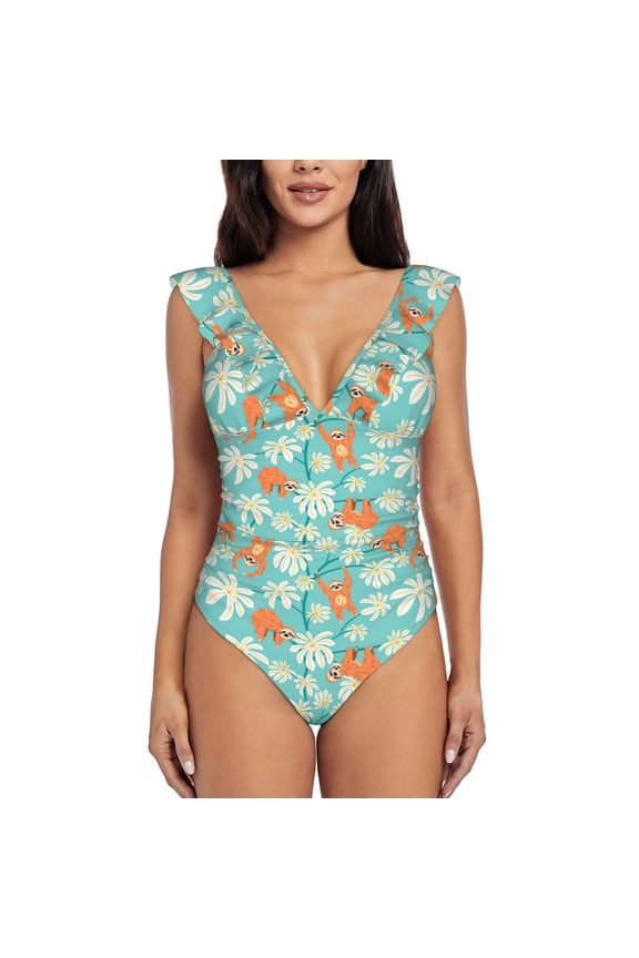 Cute Sloth on Floral Tree Blooming Jelly Womens Tummy Control Bathing Suits Slimming Ruffle Swimsuit One Piece Lace Swimwear-