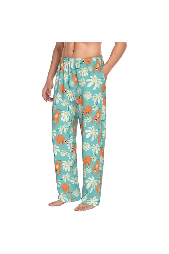 Cute Sloth on Floral Tree Mens Soft Woven Cotton Elastic Waistband Sleep Pajama Pant Lounge Sleep Pant With Pockets And Drawstring-Small
