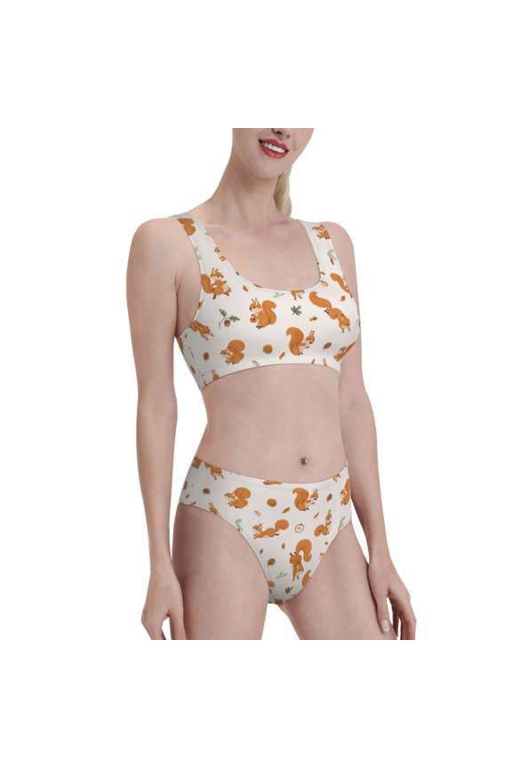 Cute Squirrel Fall Women's High Waisted Bikini Scoop Neck Swimsuit Two Pieces Bathing Suit-Medium