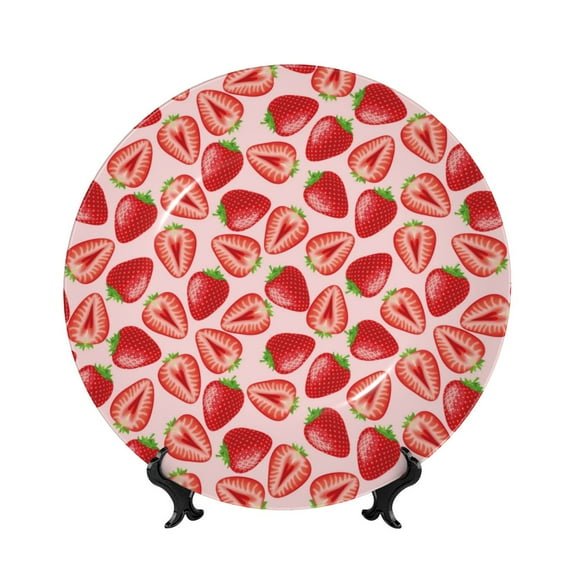 Picia Cute Strawberry Pattern Bone China Decorative Plate – Wall Decor with Stand and Adhesive, Elegant Ornament for Living Room, Office, or Entryway-10in