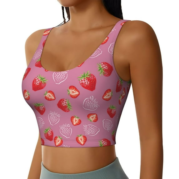 Picia Cute Strawberry Sports Bra for Women,Padded Strappy Sports Bras Medium Support Yoga Bra with Removable Cups,Running Yoga Bra-X-Large