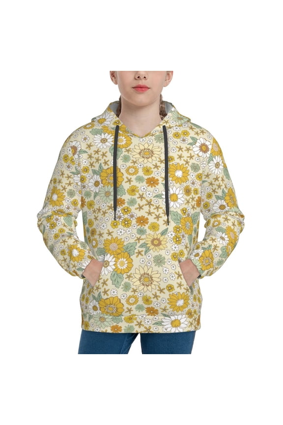 Cute Sunflower Pattern Youth Hoodie - Warm Pullover Sweatshirt with Kangaroo Pocket, Ideal for Boys and Girls-Large