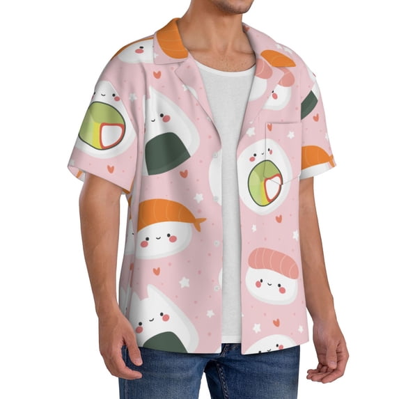 Picia Cute Sushi Men's Linen Shirts Short Sleeve Cuban Beach Shirts Casual Shirts Button Down Shirt for Men Beach Summer Wedding Shirt-X-Large