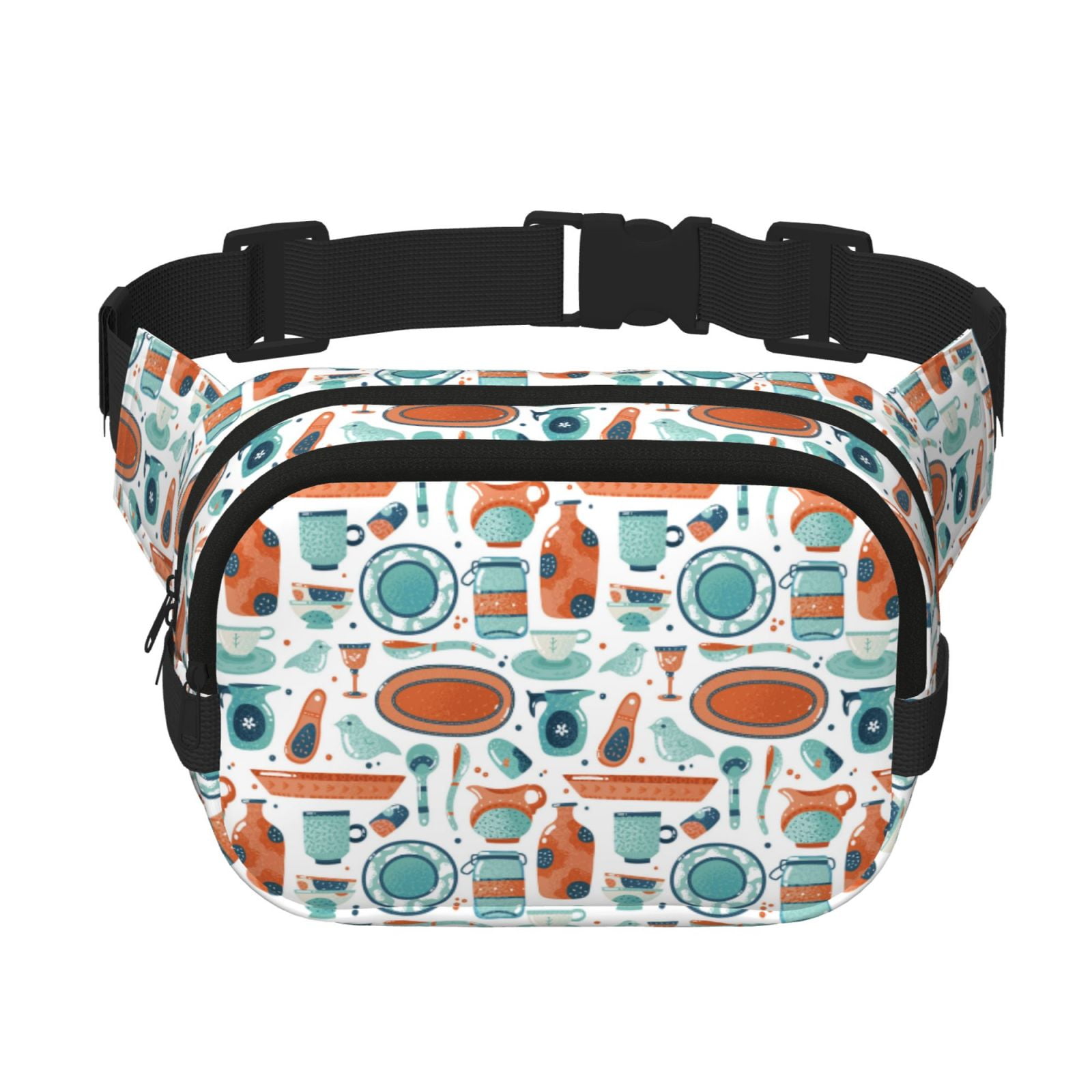 Picia Cute Tableware Print Square Double-Layer Waist Bag Mini Adjustable Waist Belt Bag Exercise Running Travel Hiking