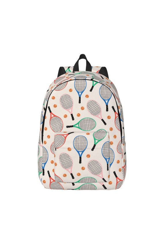 Cute Tennis Racket Printed Canvas Daypack - Stylish and Durable Vintage Compact Backpack - Class, Work, Travel, or Laptop Bookbag,Organized Compartments-Medium