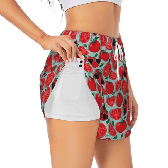 Picia Cute Tomato Pattern Women's 2 in 1 Athletic Running Shorts High Waisted Workout Casual Gym Sweat Shorts with Comfy Liner Zipper Pockets-Large