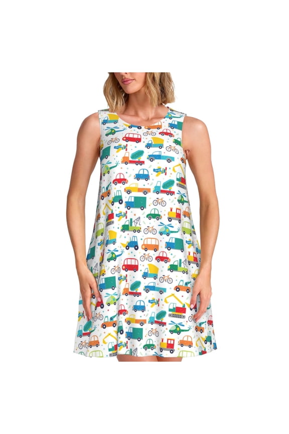 Cute Transport Print Women’s Sleeveless Midi Swing Dress – A-Line Pleated Tank Sundress, Comfortable and Flowy T-Shirt Dress