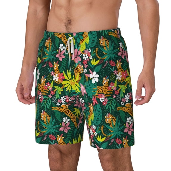 Picia Cute Tribal Leopards pattern Mens Swim Trunks with Compression Liner Stretch Beach Shorts Quick Dry with Zipper Pockets No-Chafing Board Shorts-Small