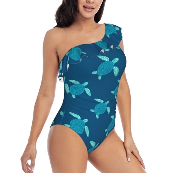 Picia Cute Turtle Pattern Women's One Piece Swimsuits,One Shoulder Swimwear Asymmetric ,Ruffle Monokinis Bathing Suits,High Waisted Flattering Bathing Suits-Medium